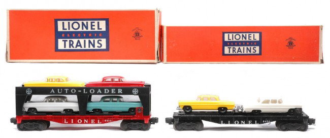 Lionel 6414 Evans 6424 Flatcar w/Cars LN Boxed: Lionel postwar 6414 Evans auto loader with four cars and a 6424 automobile flatcar with two reproduction cars both in OBs. The cars are C8. The 6424 OB has all flaps attached and the 6414 OB has all f