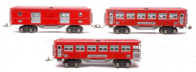 Lionel Red/Silver Passenger Cars 615 613 614: Lionel prewar O gauge red and silver passenger cars with nickel trim and journals including; 615 baggage, 613 Pullman and a 614 observation. The cars are C5.