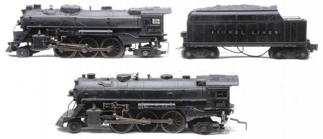 Lionel 1666 Loco 2026 Loco 6466WX Tender: Lionel postwar 1666 black 2-6-2 steam loco, 2026 black 2-6-2 steam loco with a 6466WX tender. The 1666 is C5 and the 2026 with the 6466WX are C6.