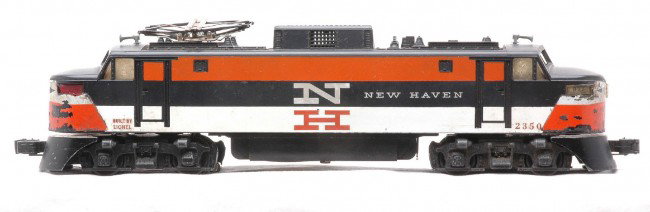 Lionel 2350 New Haven EP-5 Electric Loco: Lionel postwar 2350 New Haven EP-5 electric loco with decal nose trim, white N and orange H with one pantograph missing, C5.