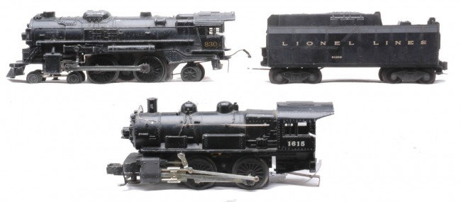 Lionel 1615 Loco 6026W Tender 8304 Loco: Lionel 1615 black 0-4-0 steam loco and a 6026W tender, C5. Also included is an 8304 black 4-4-2 steam loco, C5.