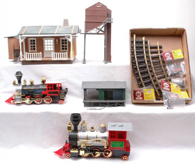 New Bright G Scale Engines Buildings Parts Track: New Bright G scale engines, G scale buildings, LGB parts and three G scale track sections. Please view photo to verify selection and condition. This lot will be sold as is with no returns.