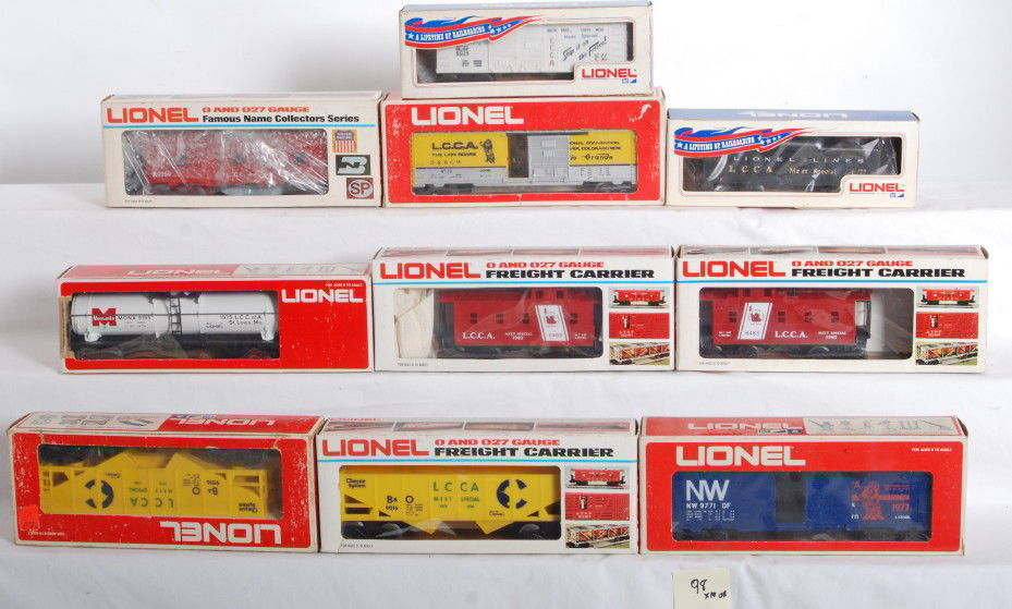 10 LCCA Lionel freight cars 9739, 9771, etc: Lionel modern O Gauge LCCA cars. Many of these cars are meet special cars and ten cars including 9771 N&W boxcar, 9739 Rio Grande boxcar, two 9016 Chessie hoppers, two 6483 Jersey Central cabooses, 19