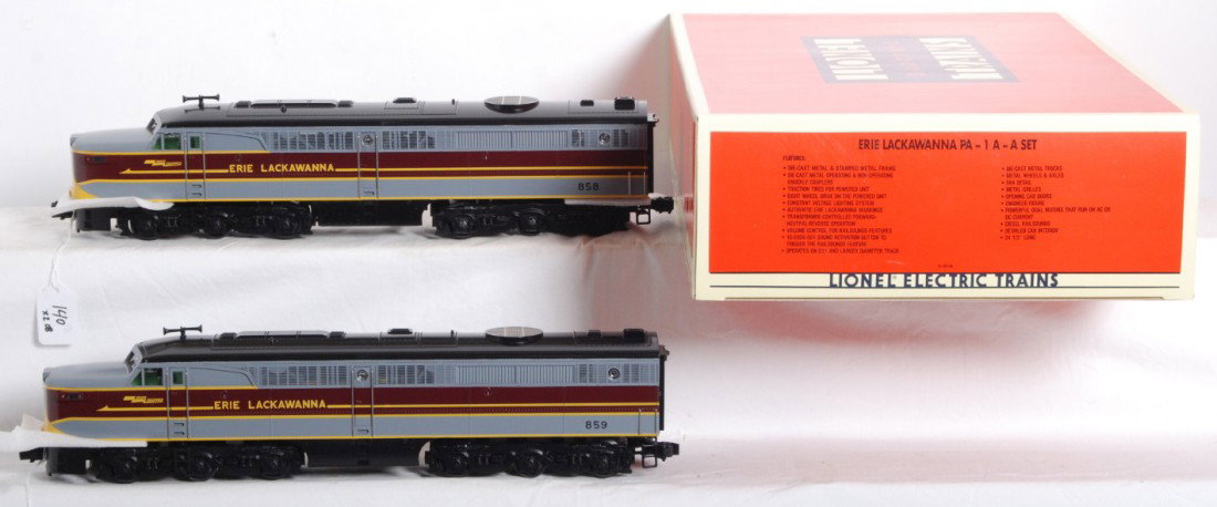 Lionel 18116 Erie Alco PA A-A set: Lionel modern O Gauge Erie Alco PA-1 A-A set in OB. Catalog number is 18116. Locos feature Railsounds, dual motors, and more. Locos are C8+ with very light wheel and roller marks. OBs in good conditio