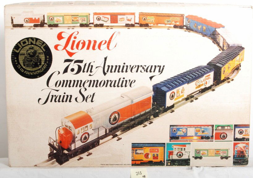 Lionel 75th anniversary set 1585 sealed: Lionel modern O Gauge 1585 75th Anniversary Commemorative train set in OB. Set is sealed in factory cello C10, Set box is dirty with light corner and edge wear.
