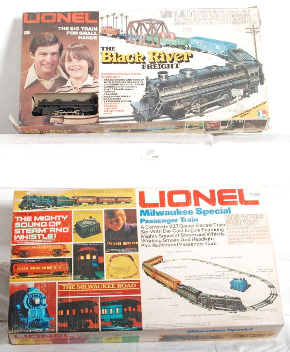 4 Lionel sets 1081, 1862, 1387, 1963: Lionel modern O Gauge sets in OBs. Includes 1081 Wabash Cannonball, 1862 Logging Empire, 1387 Milwaukee Special, and 1963 Black River freight. Sets are complete and range C8-C10. OBs show some wear an