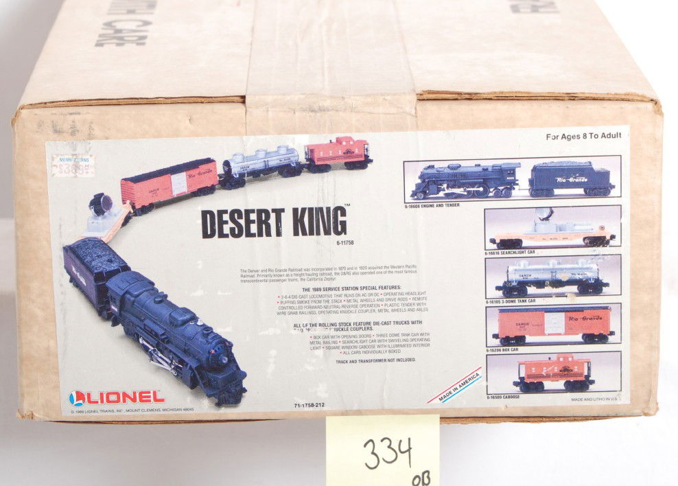 Lionel 11758 Desert King sealed: Lionel modern O Gauge 11758 Desert King Rio Grande set factory sealed in OB. Set box has some discoloration and price sticker. Set is assumed C9-10.