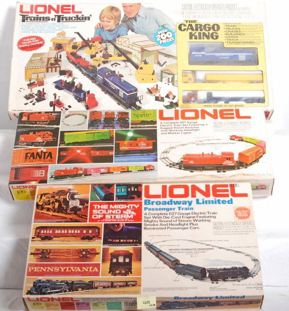3 Lionel sets 1761, 1463, 1487 complete: Lionel modern O Gauge train sets in OBs. Sets include sealed 1761 Trains and Truckin, 1463 Coca Cola set C8-9, and 1487 Broadway Limited in C8-9 condition. Sets appear mostly complete. OBs do show som