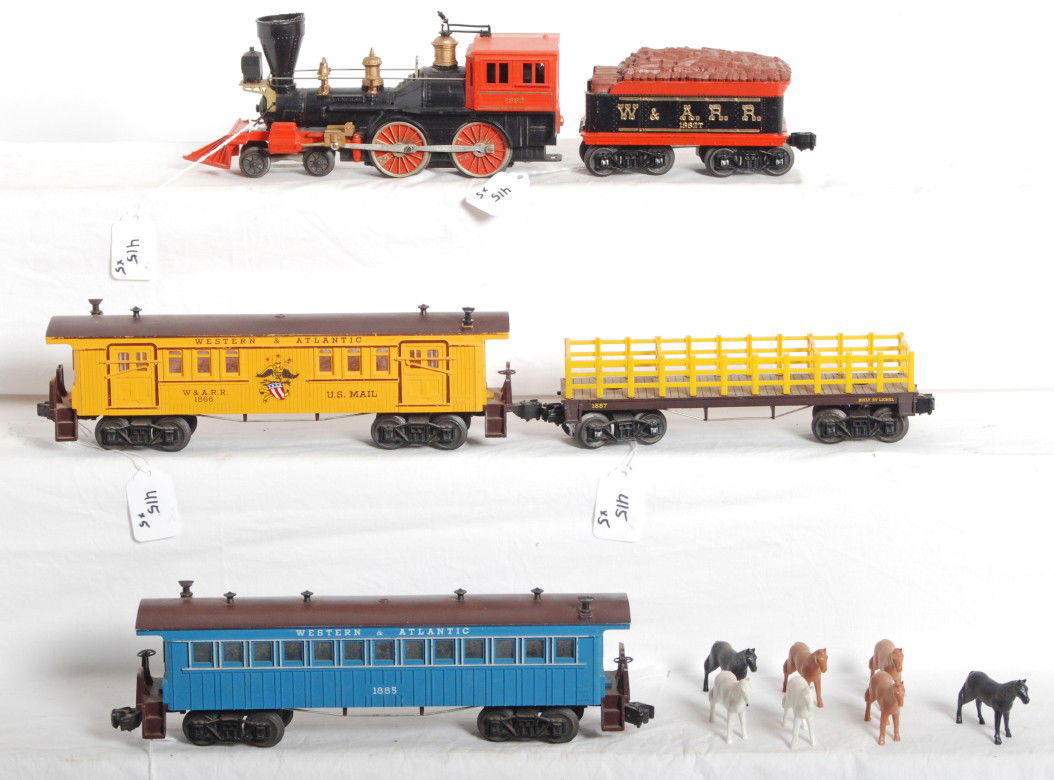 Lionel No. 1862 loco, 1862T, 1887, 1885, 1866: Postwar Lionel O gauge No. 1862 Halloween General steam locomotive and 1862T tender with 1887 flatcar with fencing and seven horses, 1885 passenger coach, 1866 mail/baggage. Loco is missing cab roof o