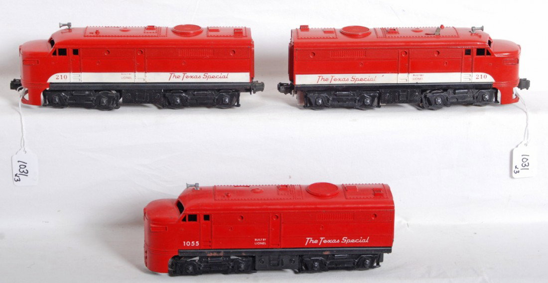 Lionel 210 MKT Alco AA units, 1055P MKT Alco A un: Postwar Lionel No. 210 Missouri, Kansas, and Texas, MKT The Texas Special Alco diesel A units and a No. 1055P MKT The Texas Special Alco diesel A unit, missing couplers. Trains look nicer clean and sh