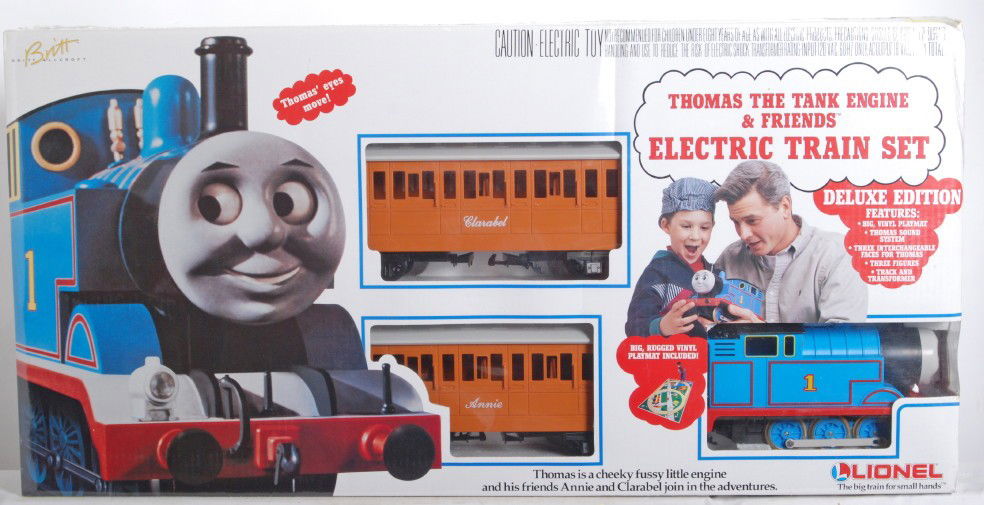 Lionel 81016 Thomas and Friends deluxe set: Lionel modern G Scale Thomas and Friends set in OB. Set number is 81016. This is the deluxe version of the set. This set is sealed in factory plastic and assumed C9-10. OB has some corner wear.