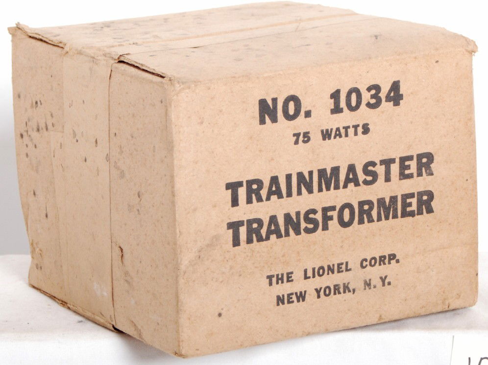 Factory sealed Lionel No. 1034 75 watts transform: Postwar factory sealed Lionel No. 1034 75 watts transformer in original box, assumed C10. Box is C9 in shape with splatters.