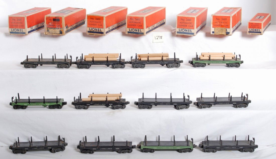 Lionel: three 3451 and nine 3461 automatic lumber: Postwar Lionel O gauge automatic lumber cars, three 3451 and nine 3461. Cars are C5-6 with some missing stakes, some repainting. Seven 3461 original boxes, some have insert and bin.