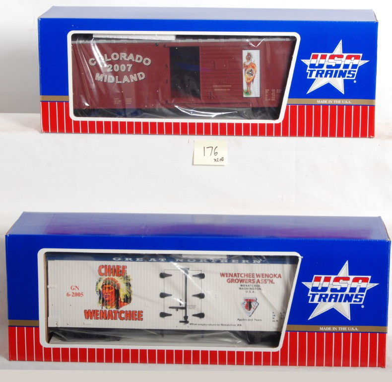 2 USA Trains TCA boxcar and refrigerator 2005 200: USA Trains modern G Scale TCA 2007 Colorado Midland steel boxcar and 2005 Great Northern Chief Wenatchee refrigerator car. Cars are C9-10 condition.