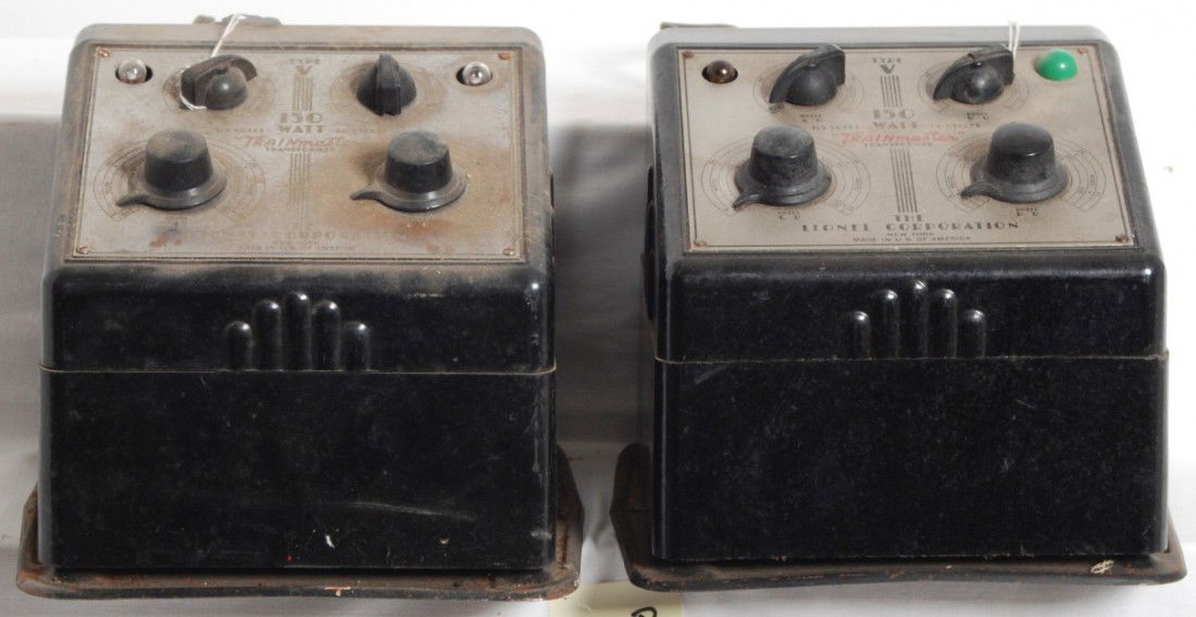 Two Lionel type V 150 watts transformers: Prewar Lionel type V 150 watt transformers. Both have replace cords/plugs. Both have some rust on bases. Both have missing lamp covers. Transformers look C5 and C6.