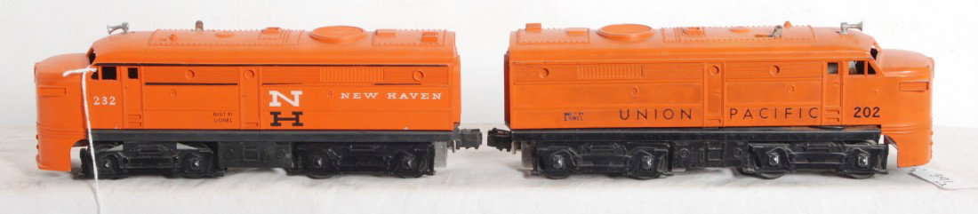 Lionel 202 Union Pacific and 232 New Haven Alco: Postwar Lionel O gauge No. 202 Union Pacific Alco diesel A unit, C6. No. 232 New Have Alco diesel A unit, C7.