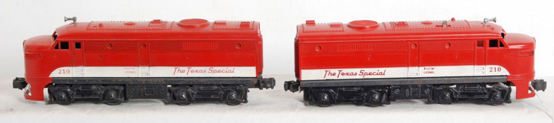 Lionel No. 210 MKT The Texas Special Alco A units: Postwar Lionel O gauge No. 210 MKT The Texas Special diesel Alco A units, both with cracked shells. Train otherwise look C6+.