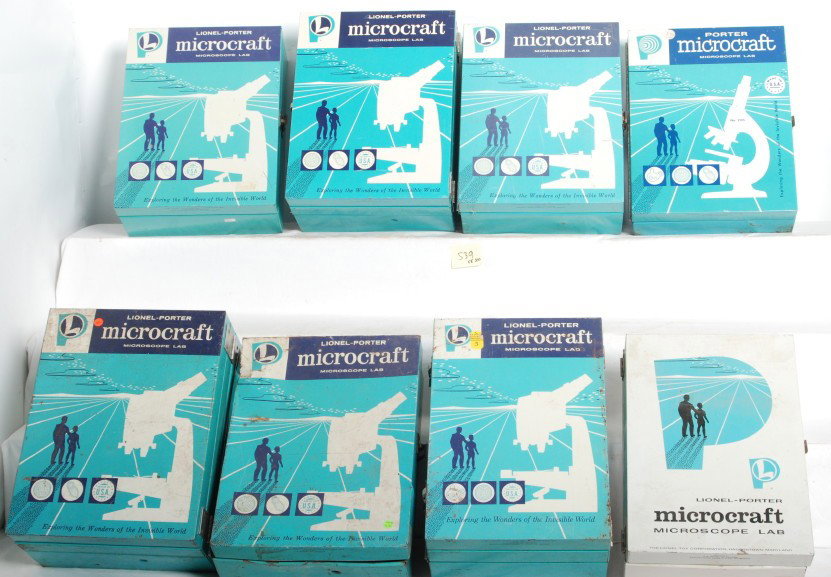 8 Lionel Porter micro craft microscope lab sets: Eight Lionel Porter Postwar micro craft Microscope lab sets in cases. Eight sets include 22350 senior set, unnumbered senior set, 2105 set, 22130 Senior set, 22160 labmaster set, labmaster set, very n