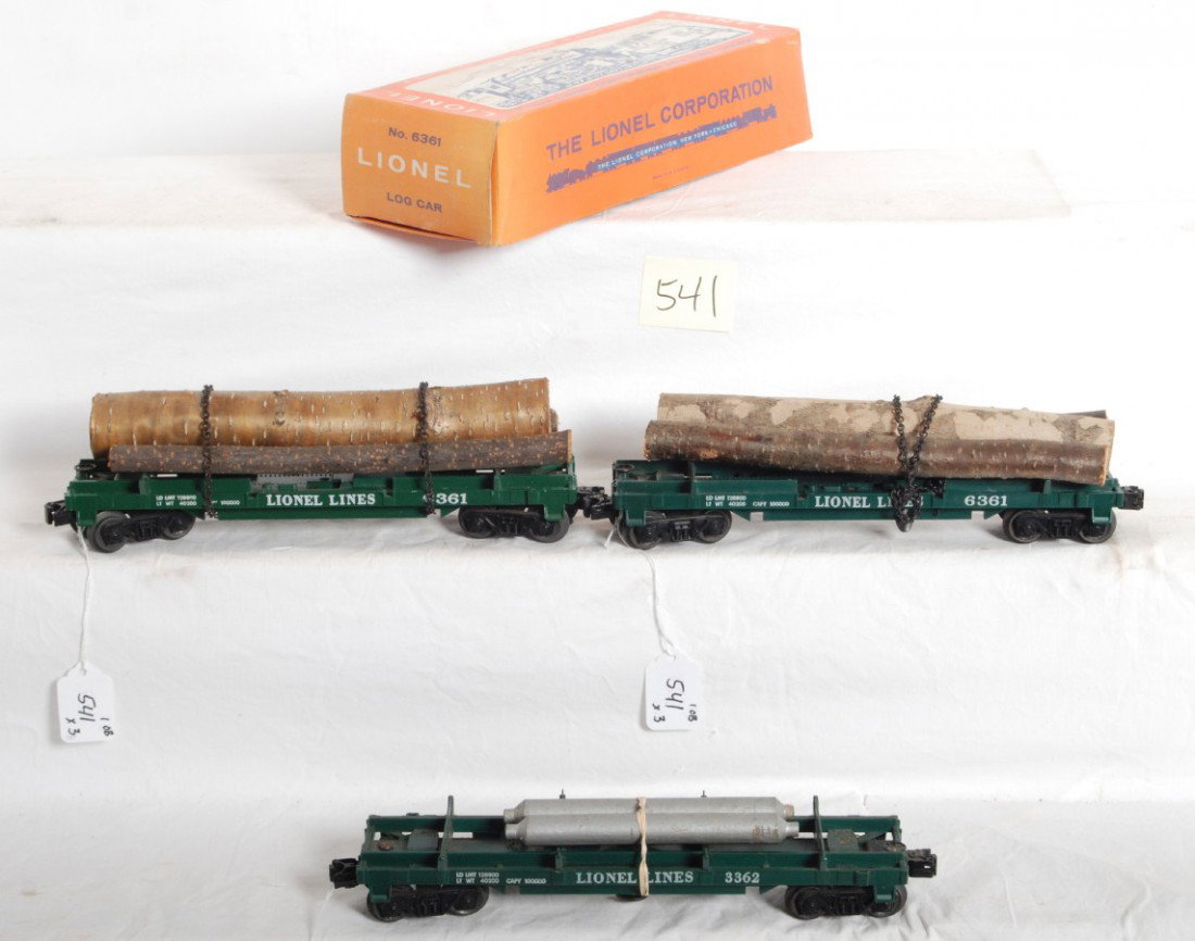 Two Lionel 6361 log cars 1 OB, 3362 helium car: Postwar Lionel O gauge freight cars and one original box. Two 6361 log cars, one OB, one is unrun. 3362 helium car, unrun. Trains look C7-8. Box has some fading, seam is separated, still a nice lookin