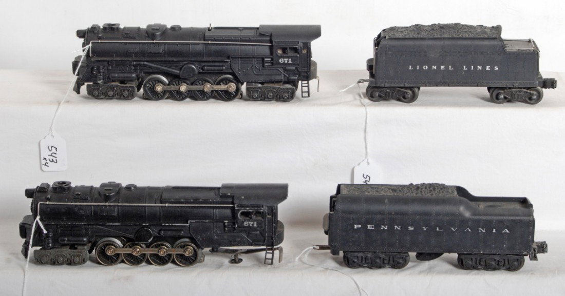 Lionel No. 671 steam locos, No. 2671W and 671W ten: Postwar Lionel O gauge locos and tenders, two 671 steam locos, 2671W Pennsylvania whistle tender and 671W whistle tender. One loco is missing trailing truck and 2671W has been rewired, trains otherwis