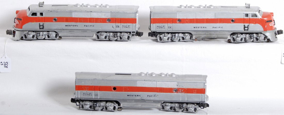 Lionel Western Pacific 2345P, 2345T, 2345C F3: Lionel Postwar O Gauge Western Pacific F3 2345P, 2345T, and 2345C B Unit. All units have replacement portholes, and some degree of wear. Both A units have replacement nose decals and have been partial