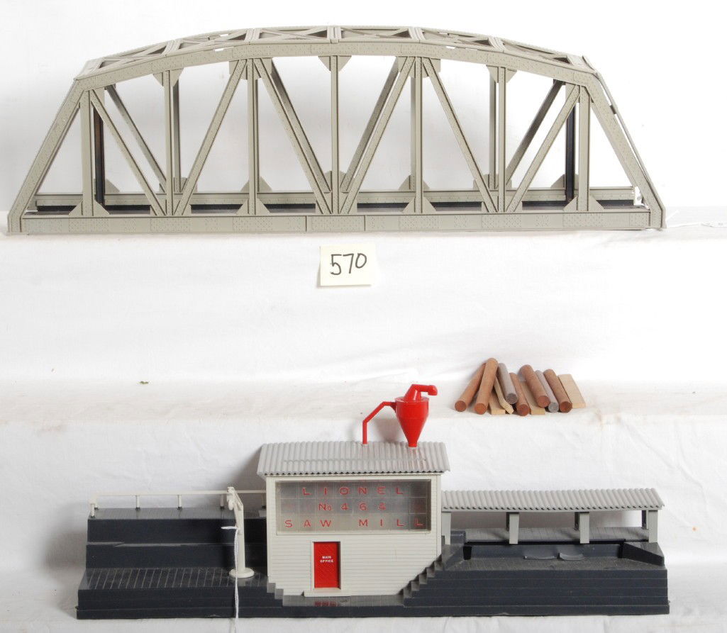 Lionel No. 321 trestle bridge and No. 464 saw mill: Postwar Lionel O gauge No. 321 trestle bridge and No. 464 operating saw mill with lumber and logs, C6.