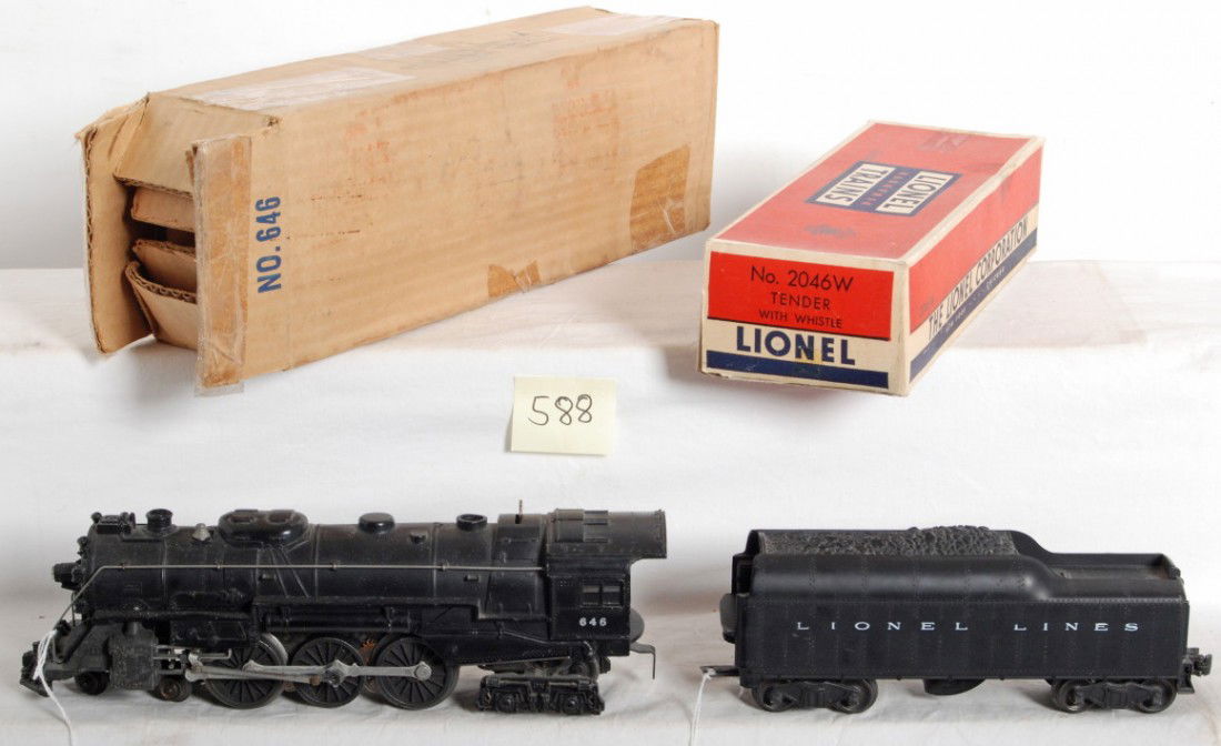 Lionel 646 loco and 2046W tender in OB: Postwar Lionel O gauge No. 646 steam locomotive with No. 2046 whistle tender. Trains look nice C6-7, loco has touchups to running boards. Boxes have tape repairs, but are intact.