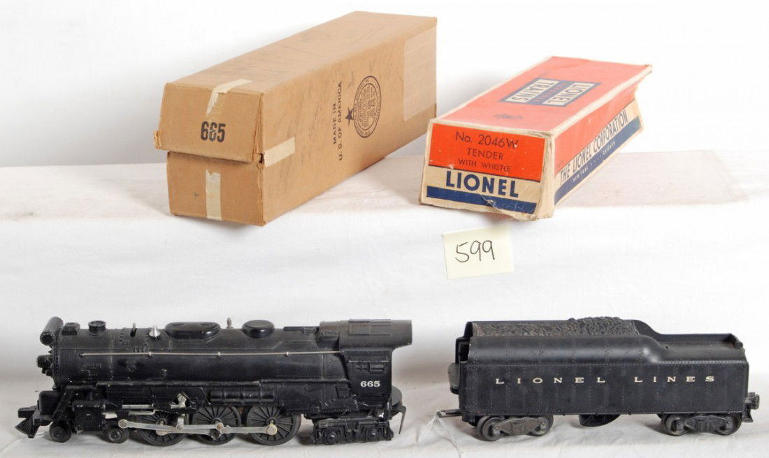 Lionel 665 steam loco, 2046W whistle tender in OB: Postwar Lionel O gauge 665 steam locomotive and 2046 whistle tender in original boxes. Trains look nice C6+. Tender box is missing flaps on one end. Loco box is C8 in shape but has writing and masking