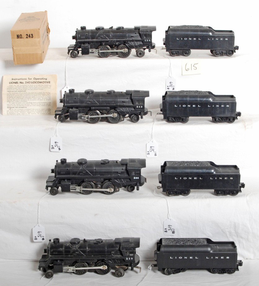 Lionel locos: 239, 239, 243, 244 w/tenders, one 24: Postwar Lionel O gauge locos and tenders with one original 243 box and one 243-6 2-60 instructions sheet. Locos and tenders look C6-7. Box has a detached/tape repaired outer flap, tape repaired displa