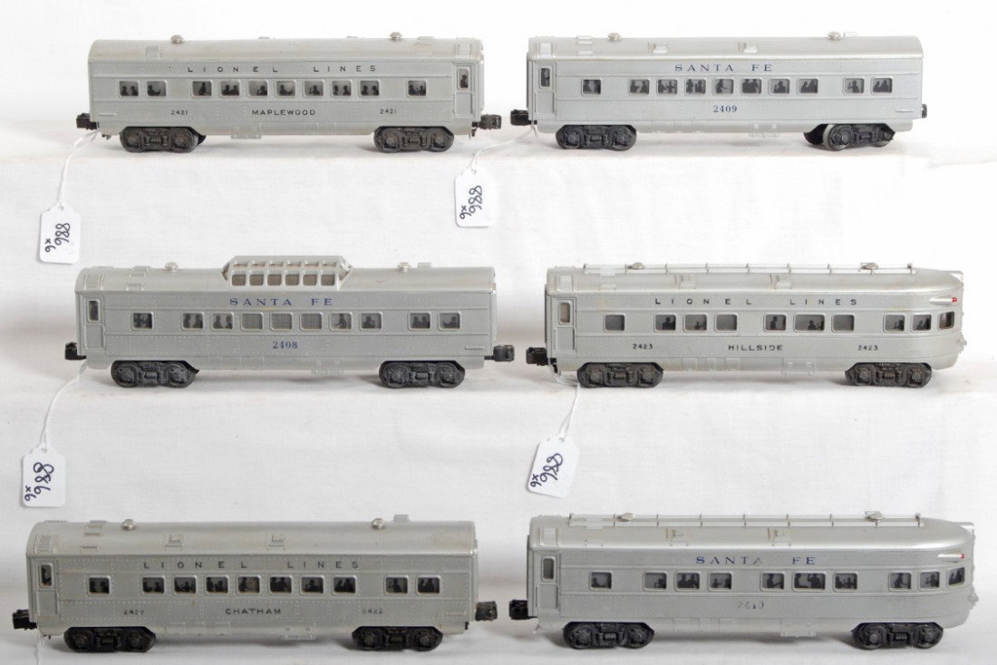 Lionel 2408, 2409, 2410, 2421, 2422, 2423 passenge: Postwar Lionel O gauge passenger cars 2408 vista dome, 2409 Pullman, 2410 observation Santa Fe. 2421 Maplewood Pullman, 2422 Chatham Pullman, 2423 observation. Trains should clean to look nicer C6+.