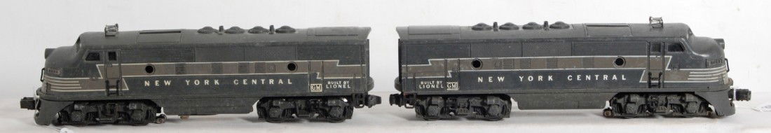 Lionel 2344 New York Central EMD F3a diesels: Postwar Lionel O gauge No. 2344 New York Central EMD F3a diesel units with screened roof vents, one porthole lens, clean battery compartment. Trains should clean C6 area.