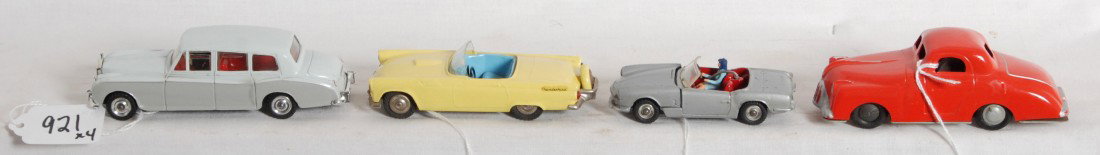 Two Dinky Toys 198 & 114, Timpo Toys, Tekno cars: Two Dinky Toys diecast automobiles 198 Rolls Royce Phantom V and 114 Triumph Spitfire, Timpo Toys friction powered plastic two door coupe, and Tekno Ford Thunderbird made in Denmark diecast automobile
