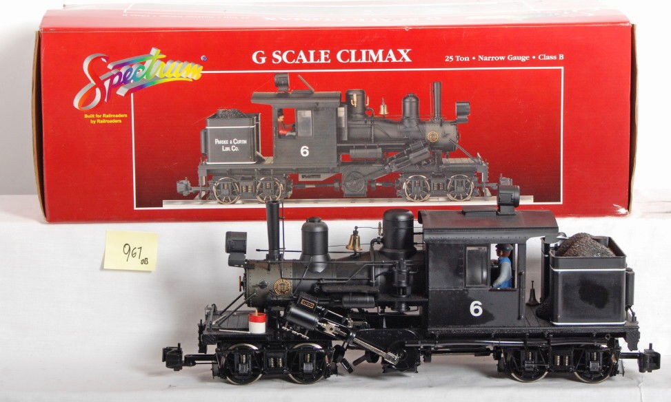 Bachmann 81180 Climax Modern Loco Boxed: Bachmann modern G Scale 81180 Spectrum 25 ton narrow gauge Class B Climax modern locomotive Pardee and Curtin Lumber Co. 6. Loco has been over oiled at one point and does have heavy oil residue on the