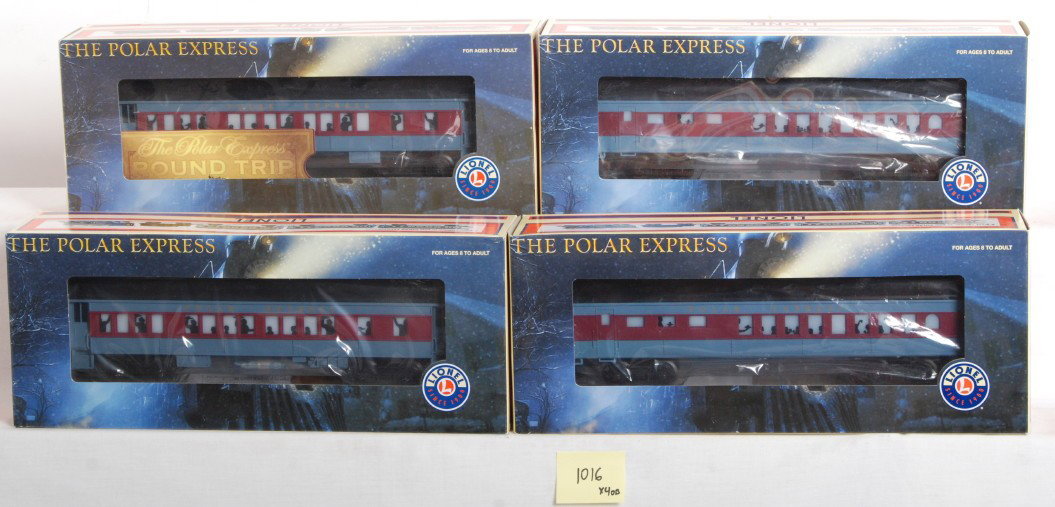 4 Lionel Polar Express add on cars: Lionel modern O Gauge Polar Express add on cars in OBs. Four Cars include two 25134 diners and two 25186 hotchocolate cars. Cars appear to be NOS and are assumed C9-10, however OBs do have some edge a