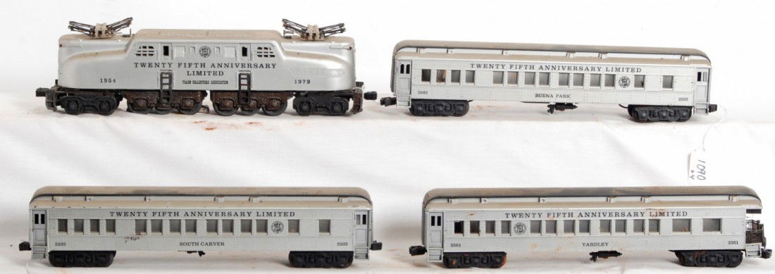 TCA O gauge 25th anniversary GG-1 passenger train: Modern era TCA O gauge 25 Anniversary GG-1 electric locomotive passenger train with 2501 Yardley observation, 2502 Buena Park Pullman, and 2503 South Carver Pullman. Trains have some dust, light rust