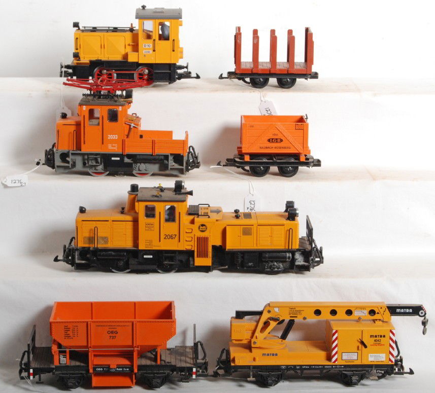 Lot of LGB G scale work/maintenance trains & cars: Lot of modern era LGB G scale work/maintenance trains and cars. Some loose or missing trim, storage dust, etc. Schoema 2033 electric loco, OEG 737 ore/dumping car, D10 2090 diesel loco, 4045 small sta
