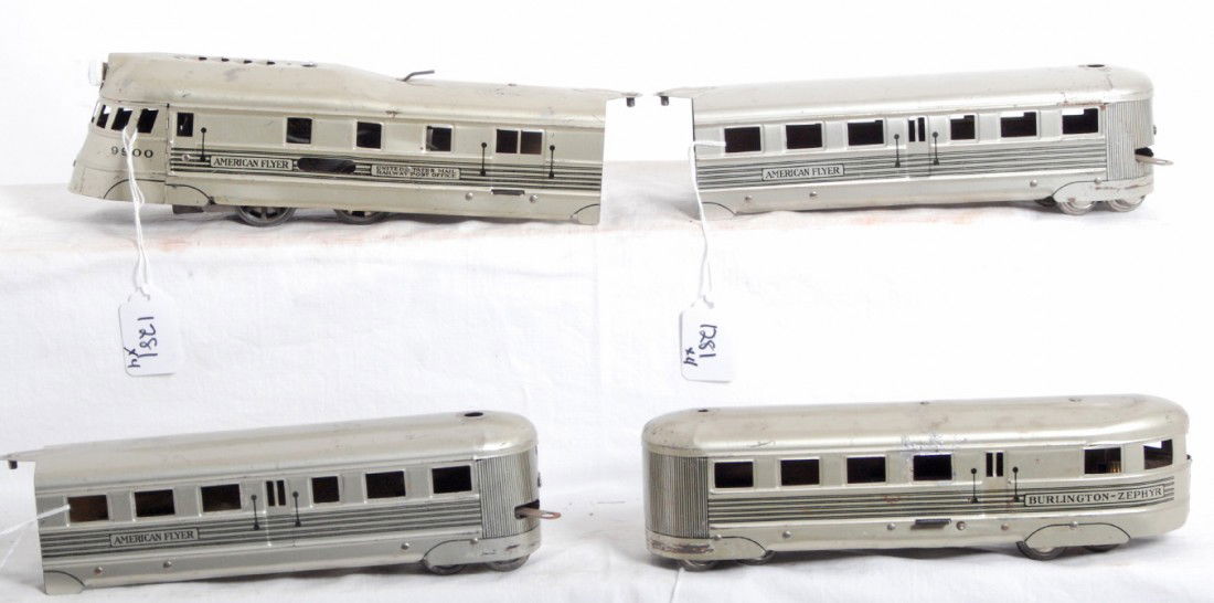 American Flyer Burlington Zephyr 9900 articulated: Prewar American Flyer O gauge Burlington Zephyr No. 9900 articulated diesel passenger train with mechanically operated diesel loco, two coaches, and an observation car. Observation car has some type o