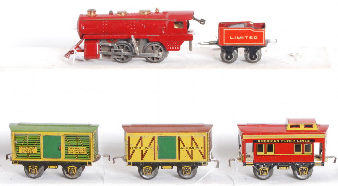 American Flyer 3110? w/3141, 3142 passenger cars: Prewar American Flyer O gauge No. 3110? center cab electric locomotive with 3141 coach, and 3142 observation passenger cars. Trains look C6.