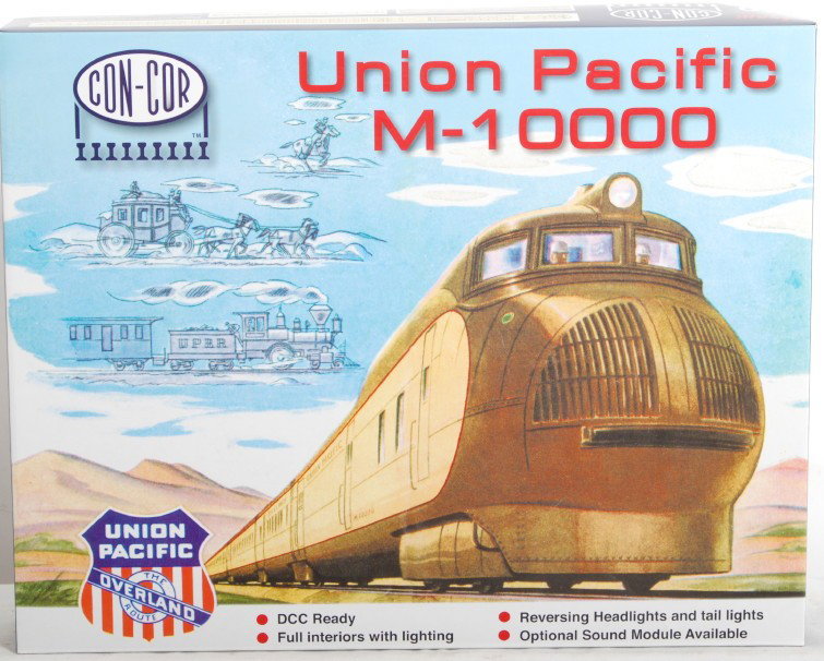 Con Cor Union Pacific M10000 HO set: Con Cor modern HO gauge Union Pacific 001-008781 M10000 set in OB. Set is brown and yellow version and appears complete with all papers. Set is NOS and assumed C9-10.
