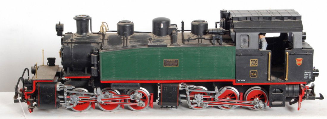 LGB G scale Hanomag Mallet Tank loco: Modern era LGB G scale Hanomag Mallet tank locomotive in original styrofoam clam shell box insert. Loco has storage grime, should clean to look C7 area. This lot has been in a flood situation for appr