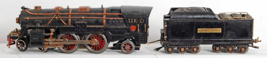 Lionel 392E loco, 392W tender, and 217 caboose: Prewar Lionel, restored standard gauge No. 392E steam locomotive with No. 392W tender with whistle and No. 217 caboose. Trains have some surface rust on some wheels, couplers, trim, etc. Tender has fr
