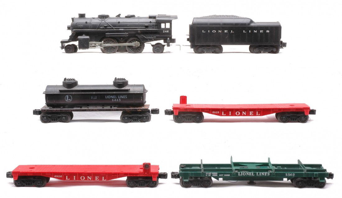 Lionel 246 Scout 1130T 3362 6825 6826 6465: Lionel postwar 246 black 2-4-2 Scout loco with a 1130T tender. The cowcatcher has been glued on to the front of the engine. The tender is C7. Also included are freight cars; 3362 helium tank unloading