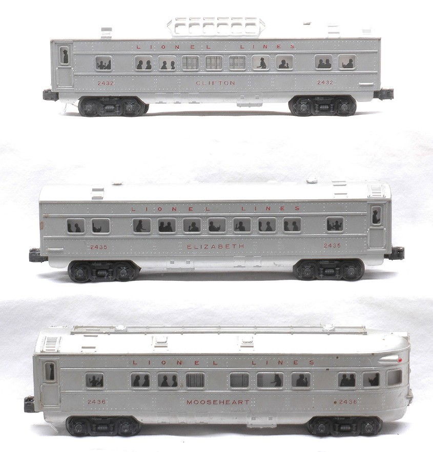 Lionel Silver Passenger Cars 2435 2432 2436: Lionel postwar silver passenger cars with red lettering including; 2435 Elizabeth Pullman, 2432 Clifton vista dome and a 2436 Mooseheart observation. The cars are C5.