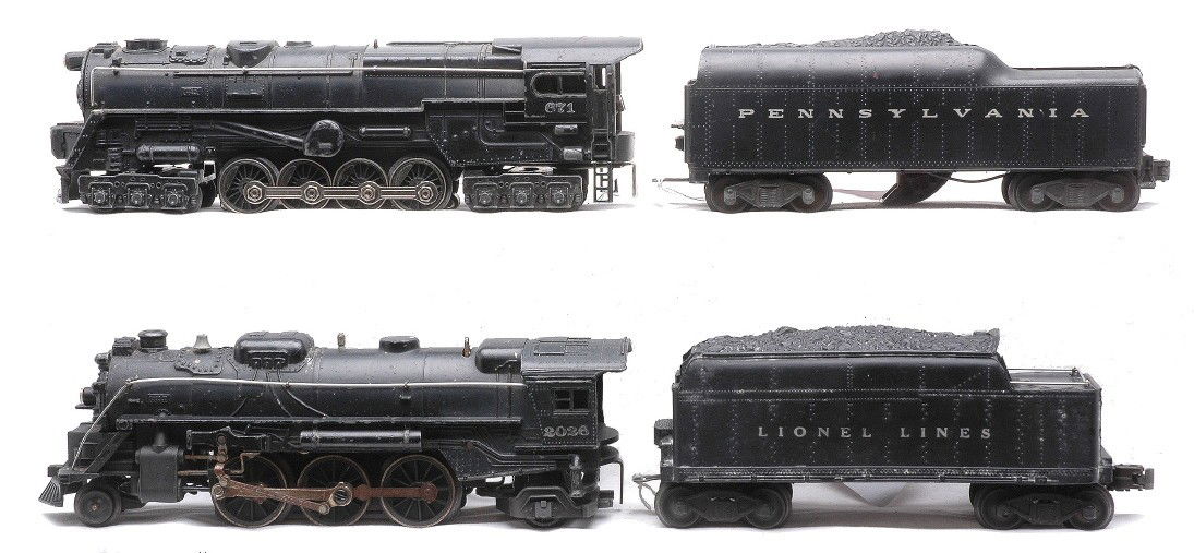 Lionel 671 Turbine 2026 Loco 2466WX 2046W-50: Lionel postwar 671 black 6-8-6 steam turbine loco, 2026 black 2-6-2 steam loco, 2466WX tender and a 2046W-50 Pennsylvania tender. The locos and tenders are C5-6.