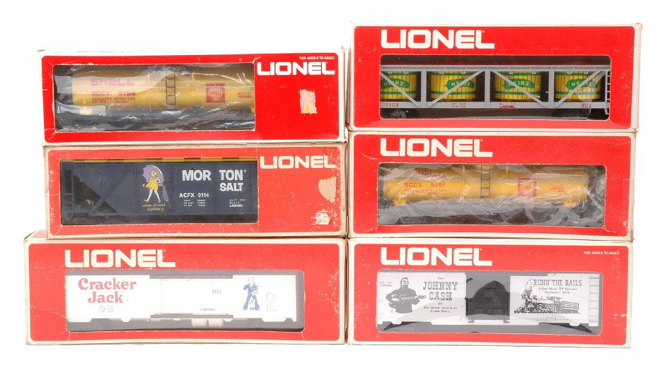 Lionel Freights 9114 9128 9151 9152 9780 9853 OBs: Lionel freight cars including; 9114 Mortons billboard hopper, 9128 Heinz Pickle car, 9151 Shell tank, 9152 Shell tank, 9780 Johnny Cash boxcar and a 9853 Cracker Jack billboard reefer all in OBs. Cars