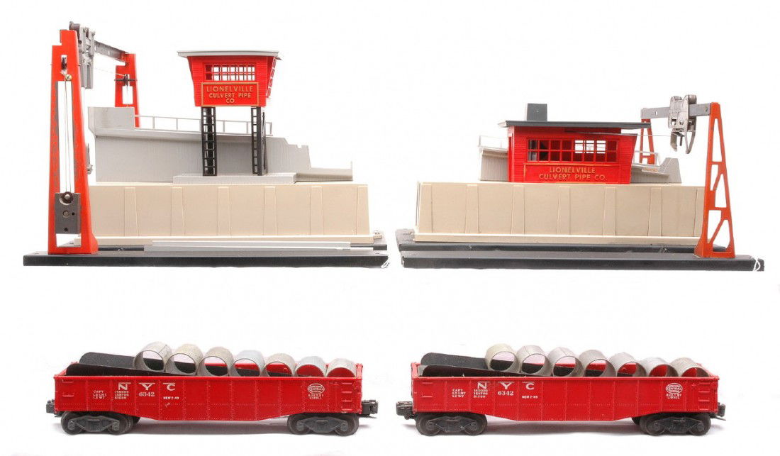 Lionel 342 Culvert Loader 345 Culvert Unloader: Lionel postwar 342 culvert loader and 345 culvert unloader each with 6342 New York Central gondolas, seven culverts and a connecting ramp. The accessories are C6.