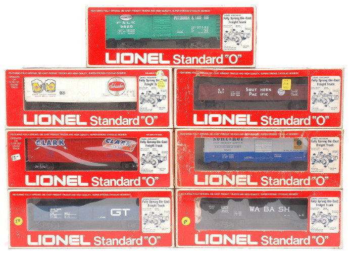 Lionel 9801 9809 9820 9821 9822 9825 9826 OBs: Lionel Standard O freight cars including; 9801 B & O Sentinel boxcar, 9809 Clark reefer, 9820 Wabash gondola, 9821 Southern Pacific gondola, 9822 Grand Trunk gondola, 9825 Schaefer Beer reefer and a 9