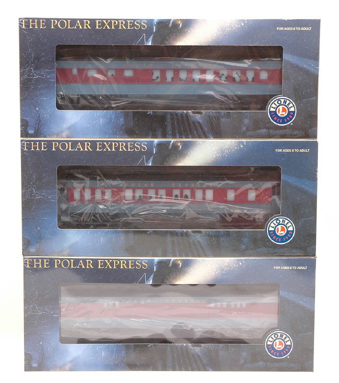 Lionel The Polar Express 25134 25135 35130 MIB: Lionel The Polar Express passenger cars; 25134 diner, 25135 baggage and a 35130 coach all in OBs, C9-10.