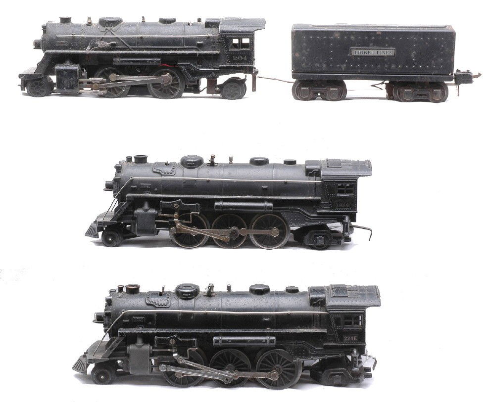 Lionel Prewar 204 224E 1666 Locos 2689W Tender: Lionel prewar O gauge 204 black 2-4-2 steam loco, 224E black 2-6-2 steam loco and a 1666 black 2-6-2 steam loco. The 1666 has been repainted and the other two locos are C5. Also included is a 2689W te