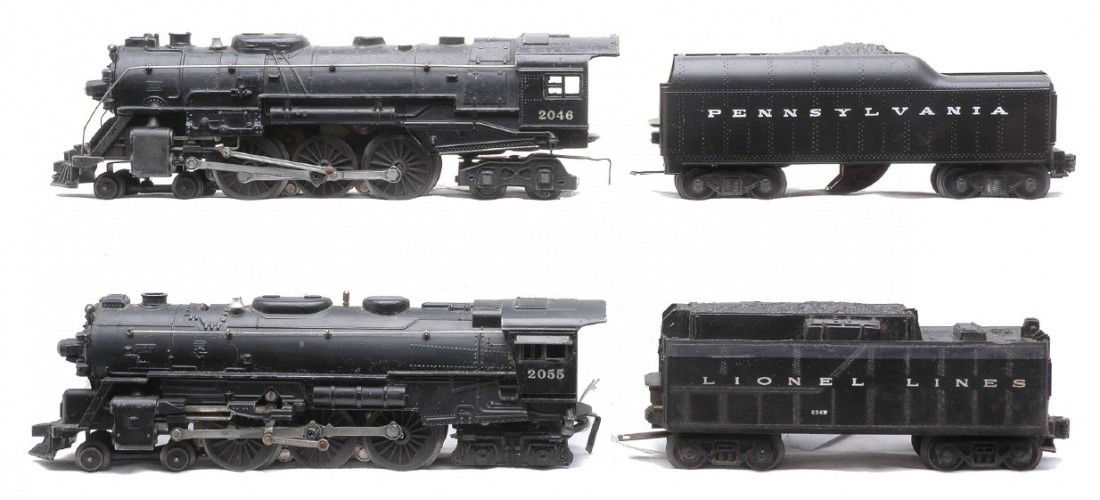 Lionel 2046 Loco 2046W Tender 2055 Loco 234W: Lionel postwar 2046 black 4-6-4 steam loco with a 2046W with a reproduction Pennsylvania shell on tender and a 2055 black 4-6-4 steam loco with a 234W Lionel Lines tender. The loco and tenders are C6.
